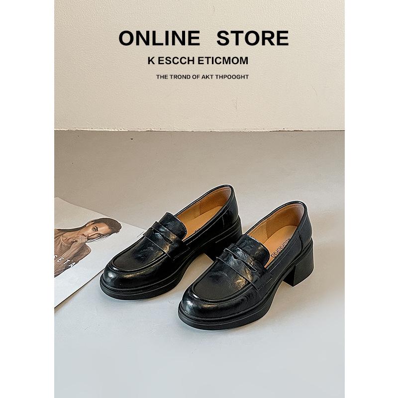 Versatile British Style Cowhide Mid-Heel Loafers - Retro Round Toe Slip-On Women's Shoes with 5cm Chunky Heel