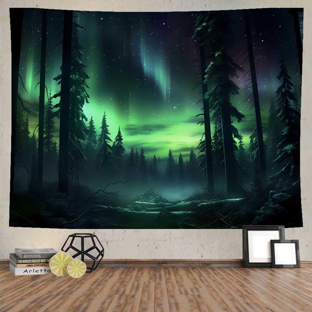 Nordlicht Wald Wandteppich 80x60 Zoll Aurora Borealis Nebelkiefern Trippy Wandteppich Ästhetische Wandkunst Meditationsdeko