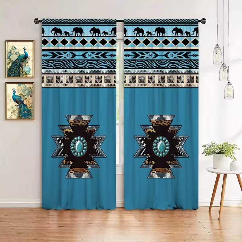 2PCS Hu Qing Ethnic Printed Curtains   Pole Bag Polyester Material Design   Bedroom   Home Decoration