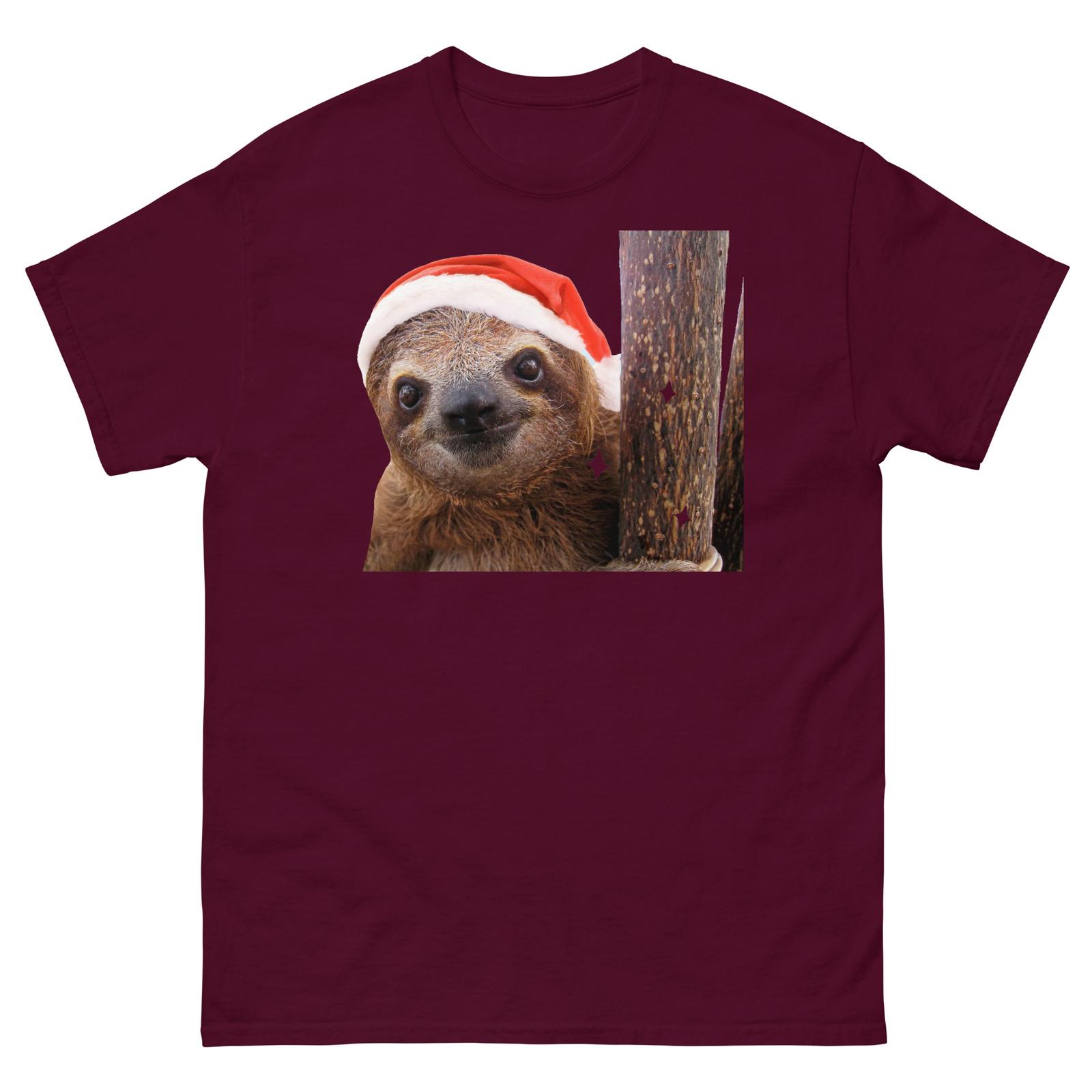 Smiling Christmas Sloth on a Tree Branch Men s Women s Sloth T-Shirt Mens Womens Tees Top S