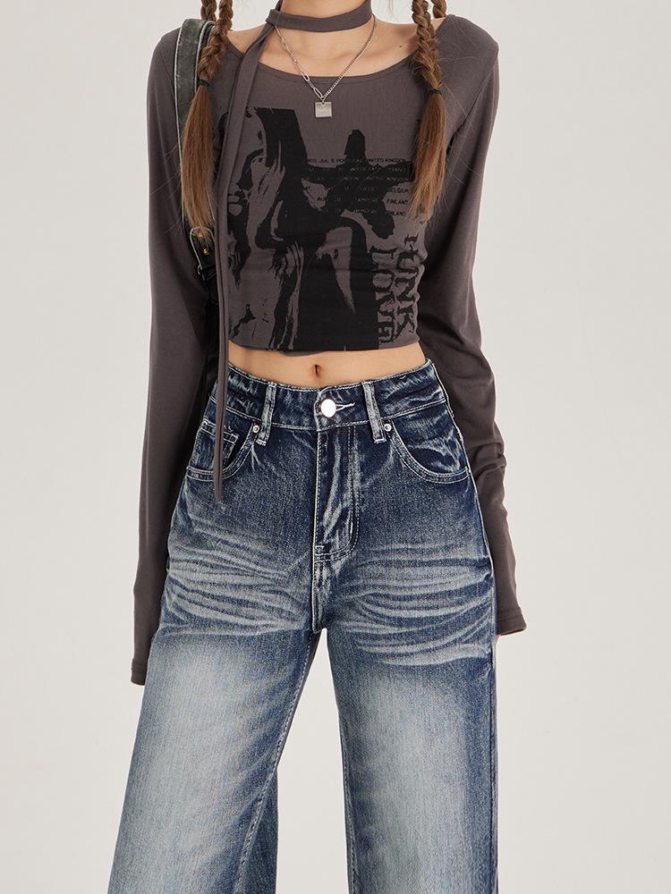 Women's 2025 High-Waist Retro Micro-Flared Jeans for Autumn/Winter – Loose American High-Street Style.