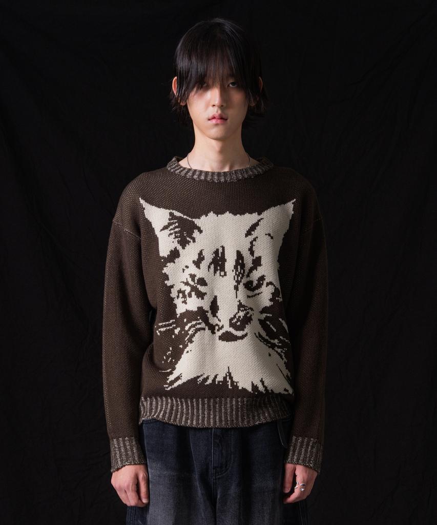 IUGAMAKARAS Pull en maille usée avec motif chat (marron)