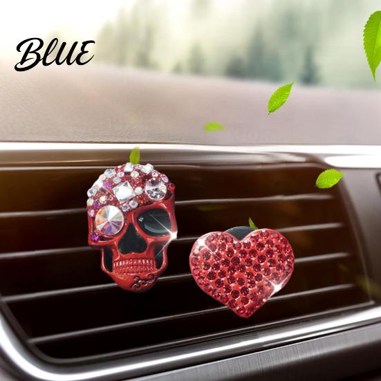 Totenkopf Herz Auto Dekoration 2 Stück Bling Lüftungsschlitz Clips Strass Glänzend Duft Diffusor Armaturenbrett Zierleiste Clip Lustiger Kopf Auto Innenraum Ornament Halloween