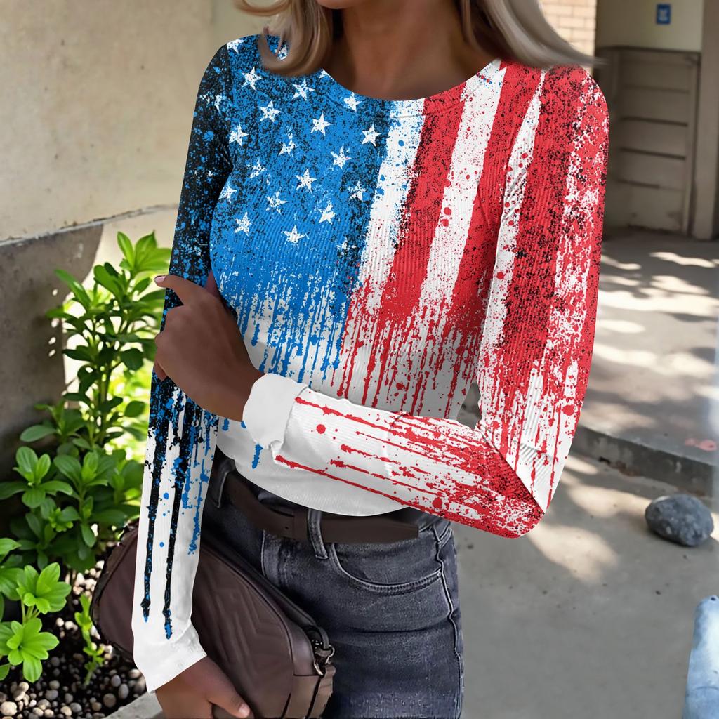 Women's Casual Fashion Round Neck Independence Day Print Long Sleeve Ribbed Top