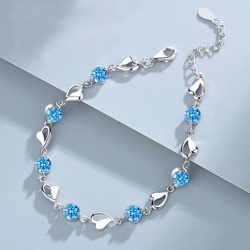 925 Silver Heart Shaped Bracelet For Women Retro Korean Versatile Pink Crystal Charm Bracelets Original Party Jewelry