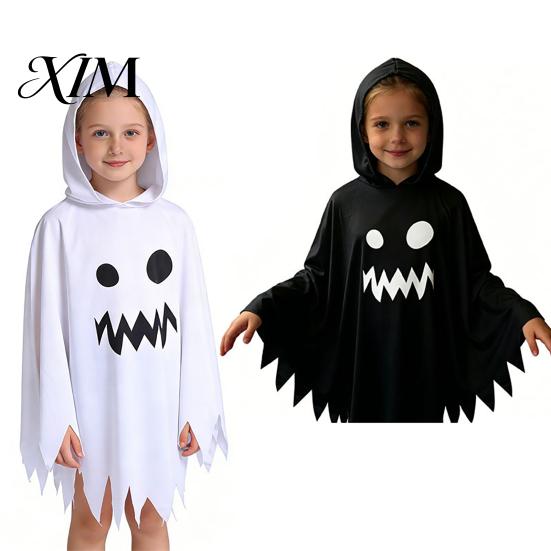 Comfortable Trick Or Treat Gear Halloween Ghost Cloak with Hood, Loose Fit Irregular Hem Costume Family Dress Up for Cosplay Party, White Spooky