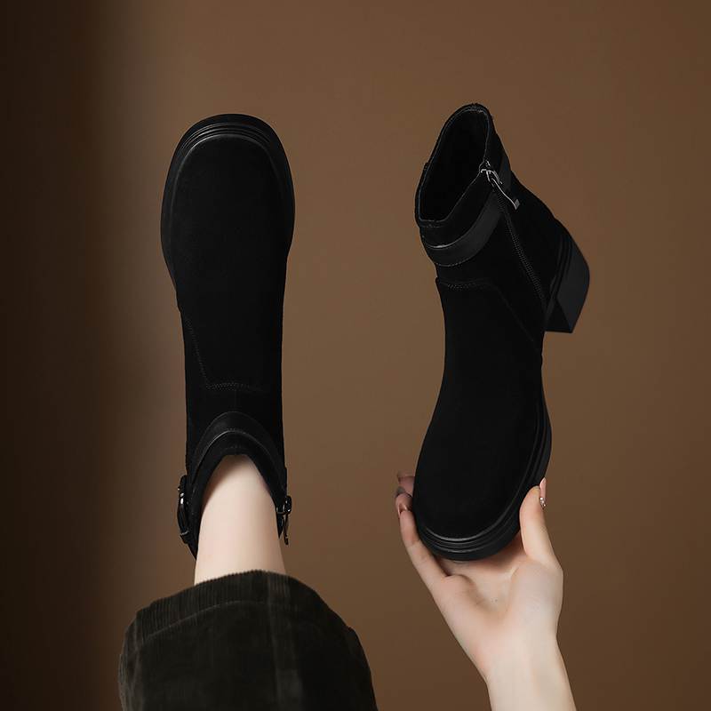 Krazing Pot Cow Suede Nubuck Round Toe Thick Heels Chelsea Boots Size 42 Zipper Women Keep Warm Ankle Boots