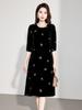 2025 Autumn Women's Silk Velvet Dress with Butterfly Embroidery, High Waist, Mid-Sleeve, Loose Fit