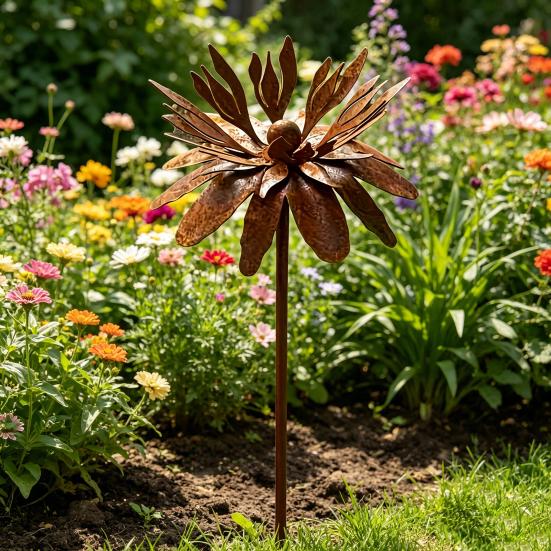Rusty Outdoor Daisy Flower Metal Yard Stake, Rusted Iron Art Flower Garden Decoration, Weather-Resistant Garden Ornament for Lawn, Pathway, Patio, or