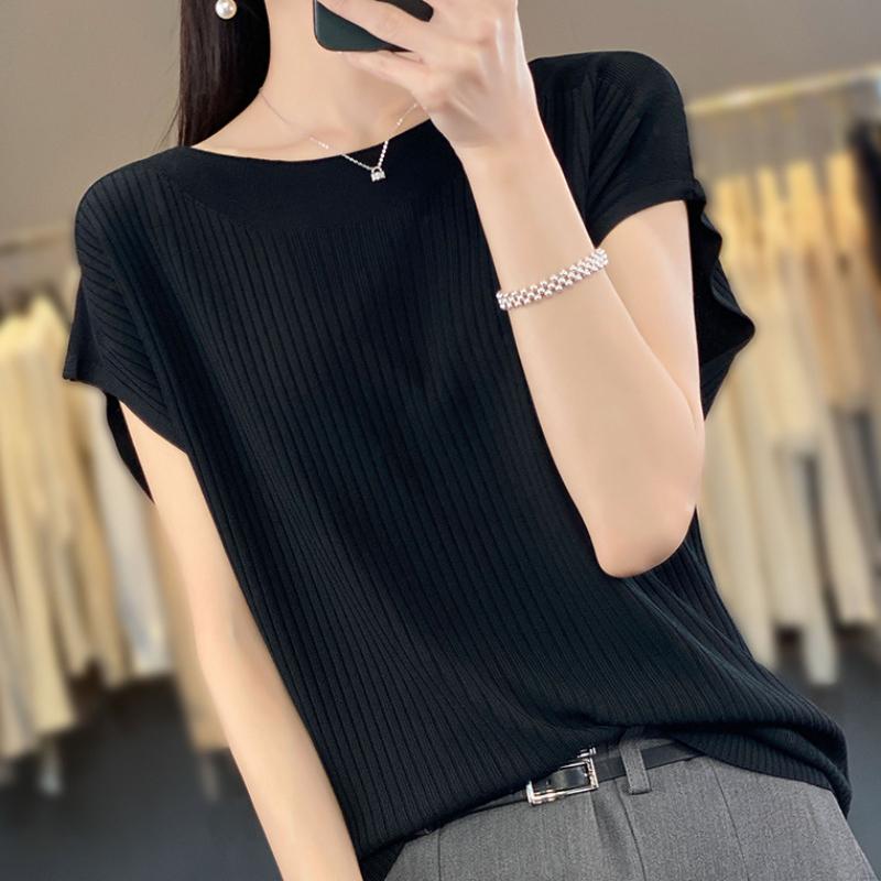 

Свитер из ледяного шелка с круглым вырезом и изогнутыми бусинами, женский, летний, новый, с вертикальной резинкой, универсальный топ, свободный и модный внешний вид XXL