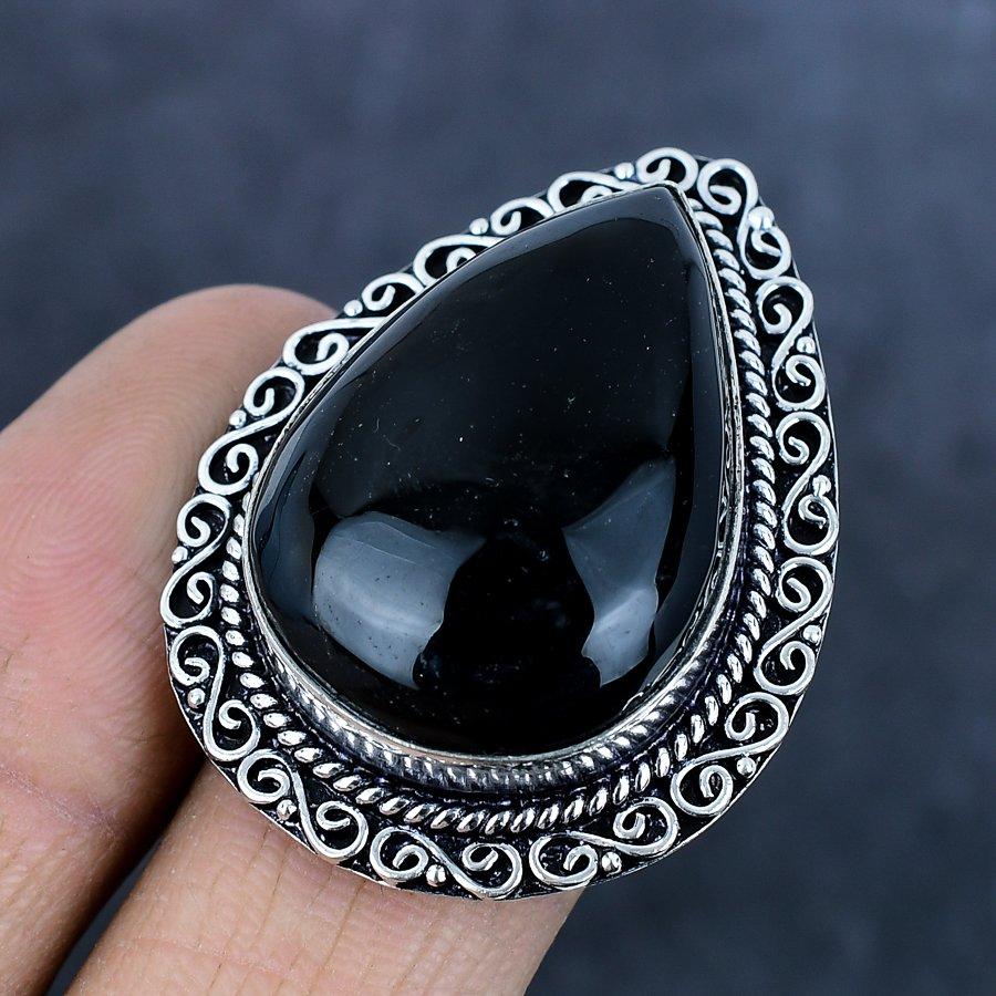 Natural Black Onyx Gemstone 925 Sterling Silver Jewelry Ring Size 7 F2i70