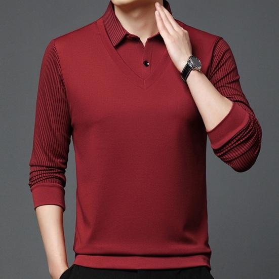 Men Fall Winter Top Fake Two-piece Pluish Lined Turn-down Collar Formal Business Style Shirt Mid-aged Men Father Office Work Clothes