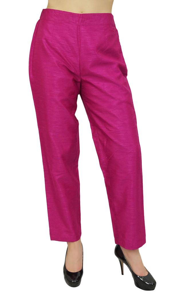 Phagun Women's Beige Dupion Pants High Waist Narrow Bottom Trousers-Large