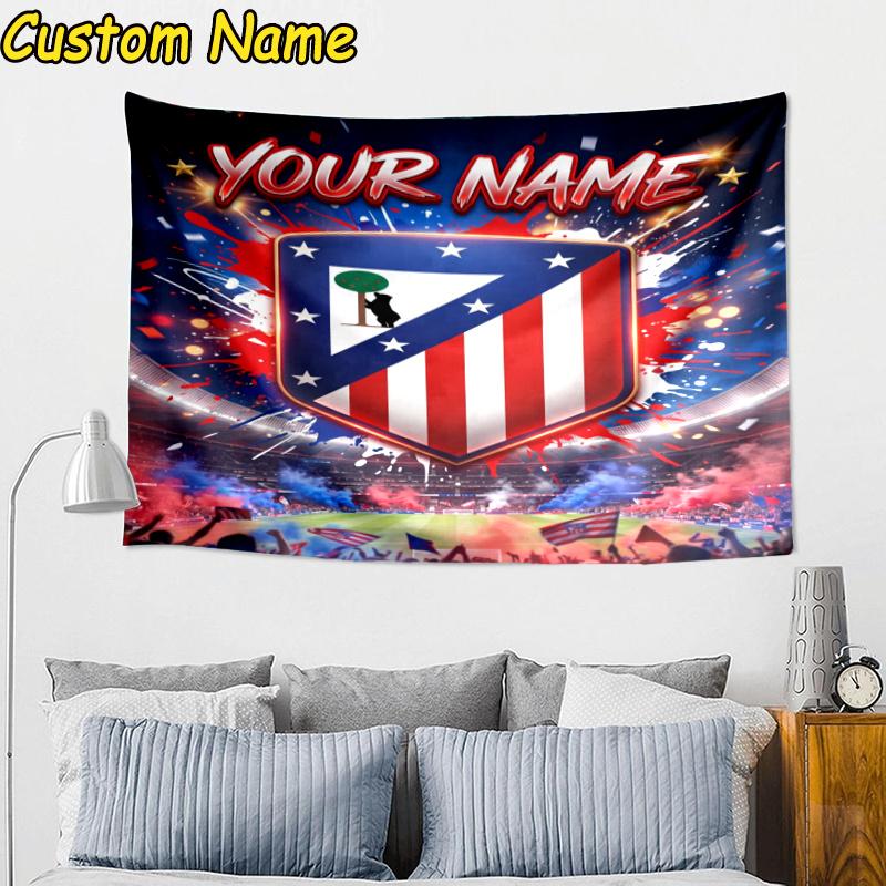 Custom Name Atletico Madrid Crest Tapestry Accessories for Bedroom,Livingroom, dormitory Room Wall Hanging Decor, Fan Birthday Gifts