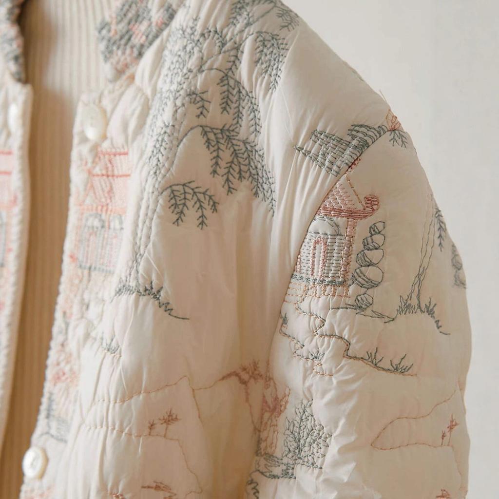 Herbst/Winter Damen Floral Stickerei Einreihig Vintage Parker Lässig Locker O-Ausschnitt Langarm Mäntel