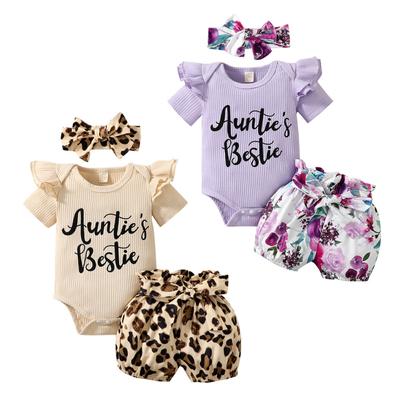 3pcs Baby Girls Short Set Summer Ruffled Short Sleeve Letter Print Ribbed Romper Bodysuit+Floral Shorts+Headband