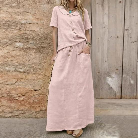 Women's 2 Piece Skirt Set Cotton Linen Short Sleeve Top And Maxi Skirt Matching Sets Summer Casual Vacation Outfits with Pockets