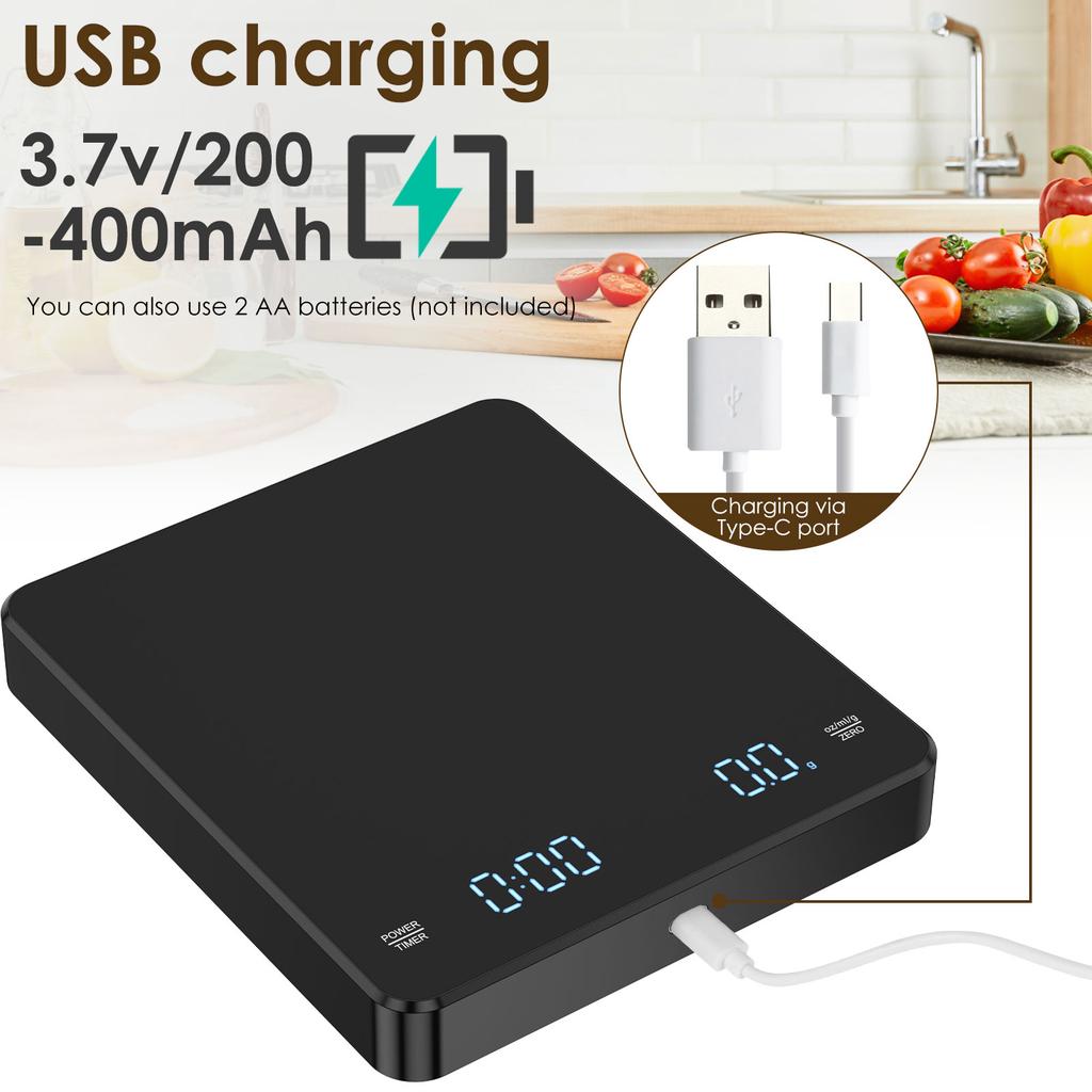 Digitale Küchenwaage mit Timer 3kg/0,1g Espresso Kaffeezubereitung Mini Lebensmittelwaage Hohe Präzision Messungen Wiederaufladbar