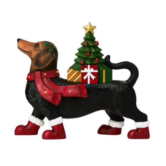 Lighted Dachshund Christmas Decoration Resin Dachshund Ornament with Scarf Boots Light-up Tree Cute Dachshund Figurine for Festive Holiday Table