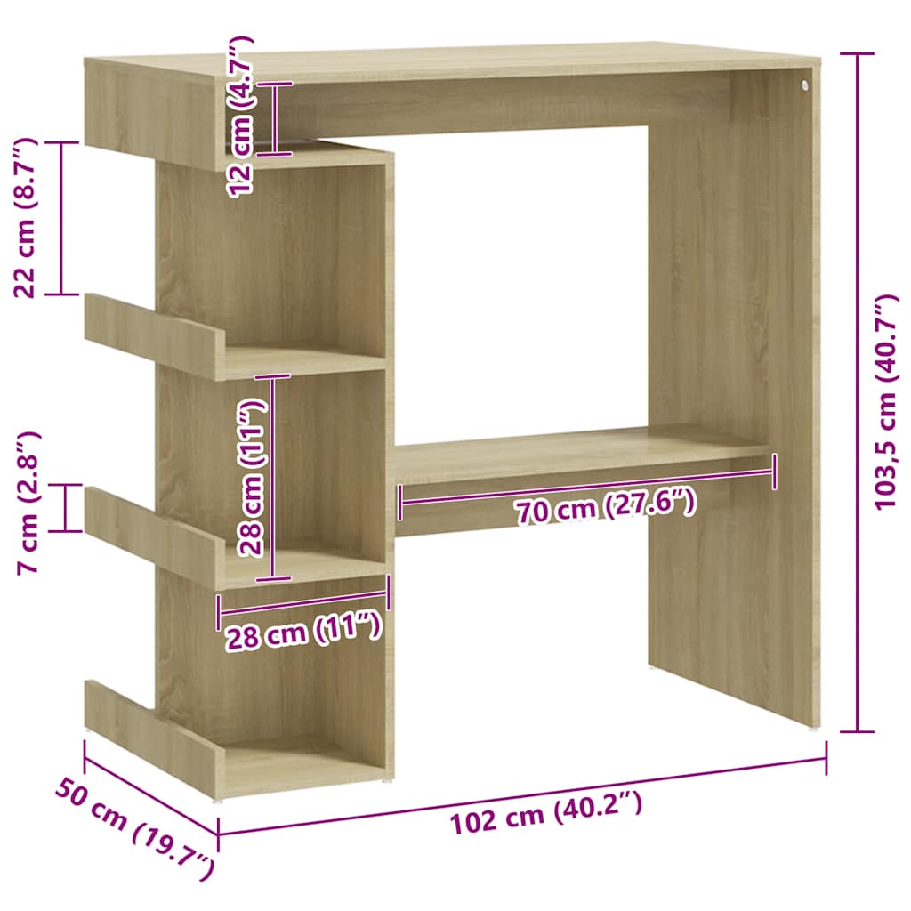 Bar Table with Shelf Sonoma Oak Finish 100 x 50 x 101.5 cm Particleboard