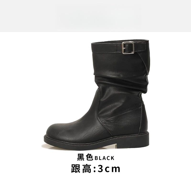 With Skirt Frosted Leather Fashion Belt Buckle Martin Boots Women's 2025 Spring and Autumn Short Tube Turned Fur Pleated Medium Tube Boots