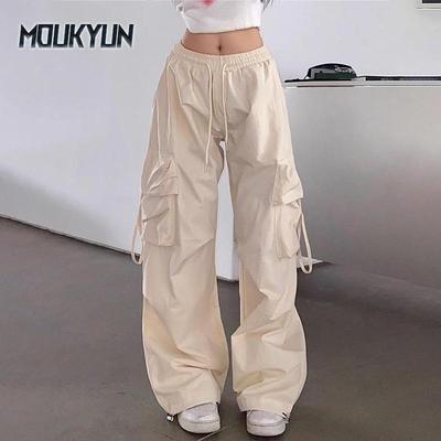 Pantaloni cargo Hip Hop beige donna Harajuku Y2K pantaloni larghi vintage streetwear oversize con gamba larga da paracadute moda femminile coreana