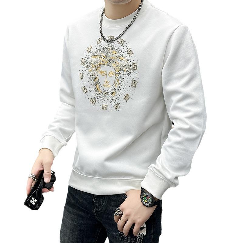 Men's European Luxury Round Neck Fleece-Lined Sweatshirt – Trendy, Thickened Outerwear with Hot Drill Design