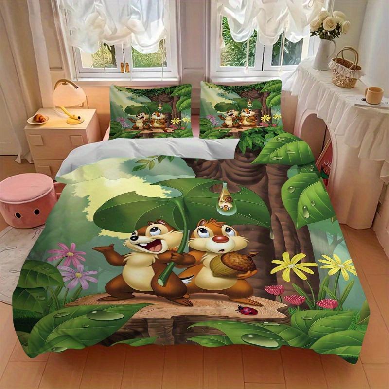 3pcs Cartoon Chip & Dale Print Bedding Set (1 Cover + 2 Pillowcases, Without Inserts) S007