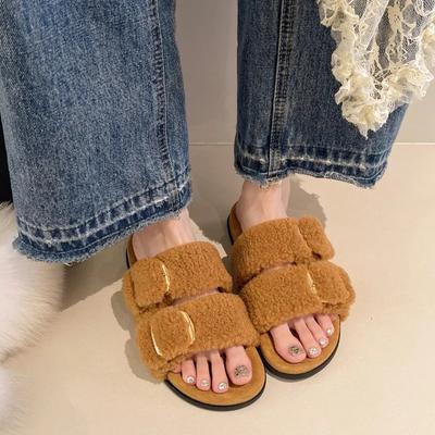 Pelz Damen Hausschuhe Schnalle Designer Damenschuhe Plüsch Flip Flop Herbst Außen Baumwollschuhe Flachschuhe Plateau Freizeit Indoor Slides