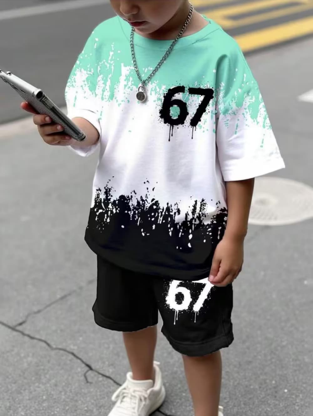 Digital Print Children s Short-Sleeve Set, Children s Clothing T-Shirt + Shorts Two-Piece Set, Boys Clothing 100