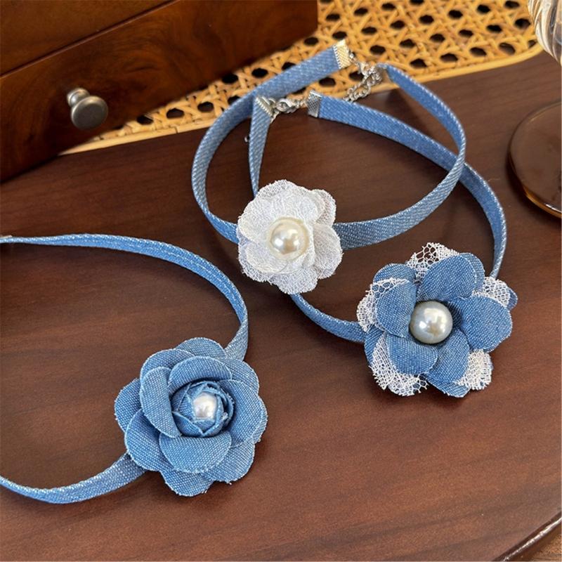 Elegante Collana Floreale in Jeans Blu Collare a Fiore 3D Catena con Lacci Choker Collane Tendenza Estiva Gioielli per la Clavicola