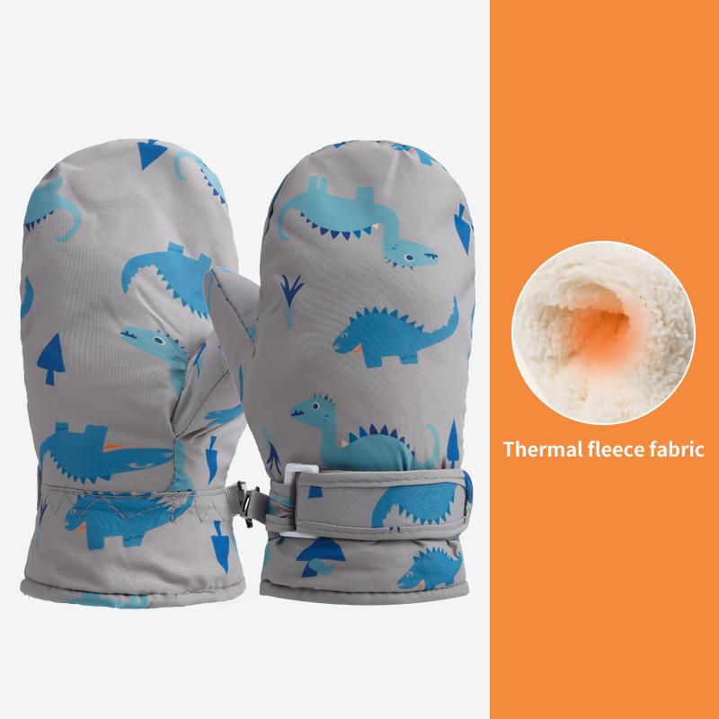 Quick-Drying Waterproof Kids' Ski Gloves with Cartoon Print - Thickened, Plus Velvet for Autumn and Winter