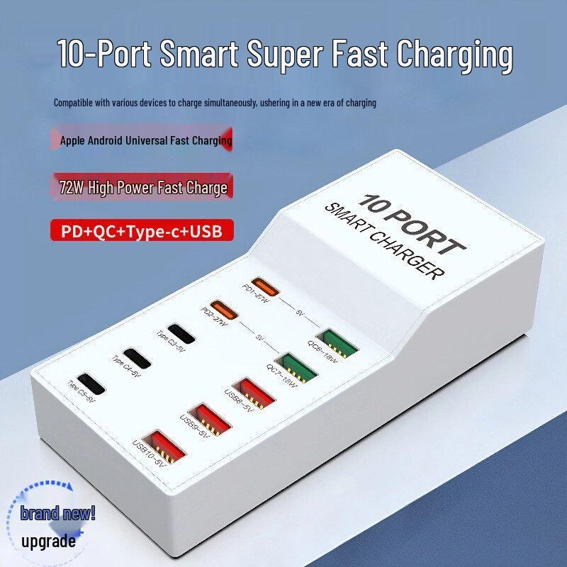 72W Inteligentna Listwa Ładowarki USB z Wieloma Portami do Szybkiego Ładowania Telefonów Android, Apple, Type-C