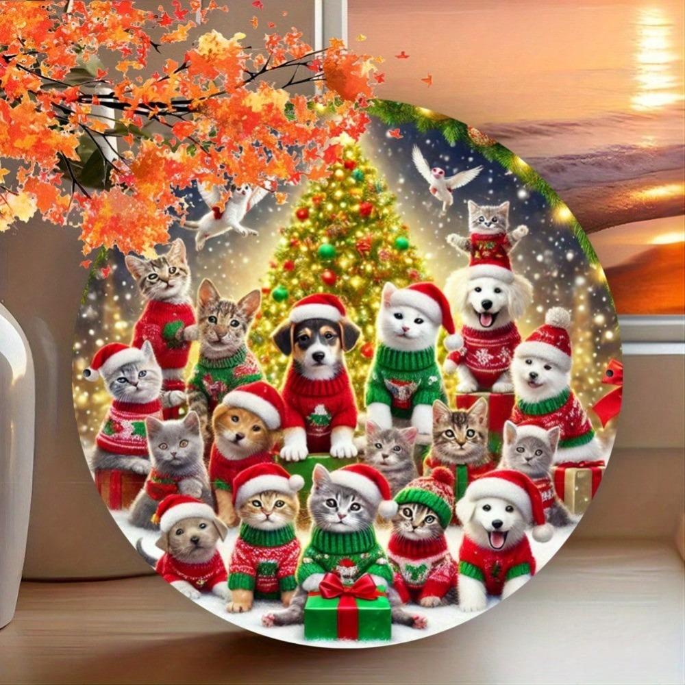 Vintage Round Cat Dog Christmas Wreath Iron Wall Sign 8x8 Inch Home Decor Gift