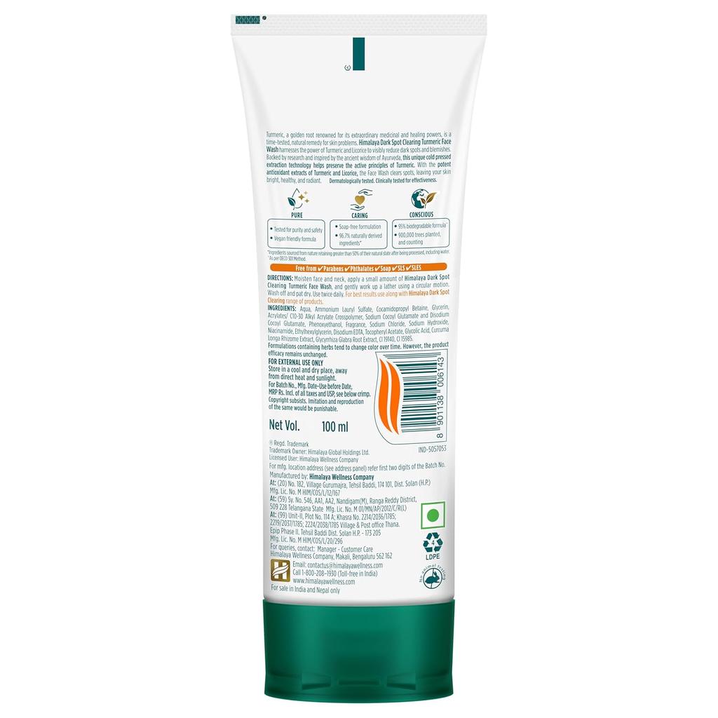 Detergente Viso alla Curcuma Schiarente Macchie Scure | Per una Pelle Luminosa con Niacinamide | Per Uomini e Donne | 100ml , Himalaya