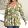 Women's Plus Size Shirt Long Sleeve  Print Top Pleated Casual V-Neck Top