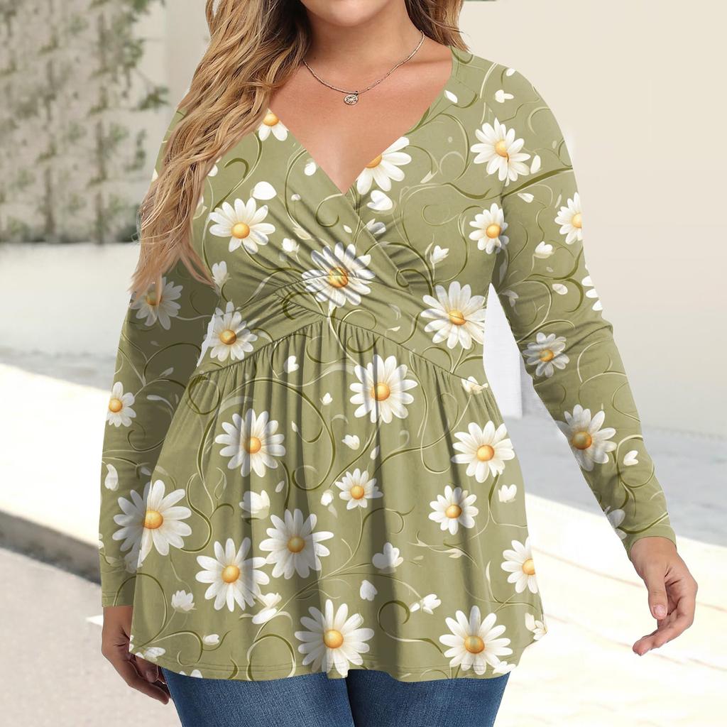 Women's Plus Size Shirt Long Sleeve  Print Top Pleated Casual V-Neck Top