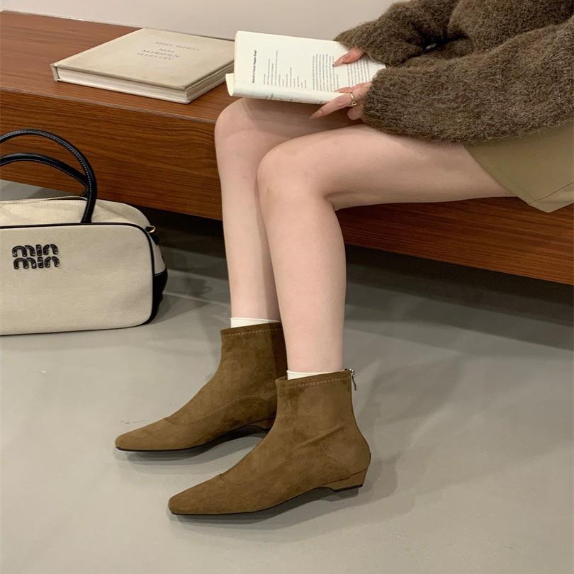 2025 New Autumn and Winter Pointed Flat-bottomed Short Boots Women's Suede Thin Boots Versatile Elastic Boots Versatile Short Boots Women