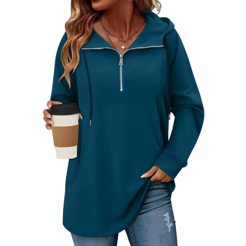Women's Solid Color Zipper Drawstring Pocket Pullover Top Sweatshirt
