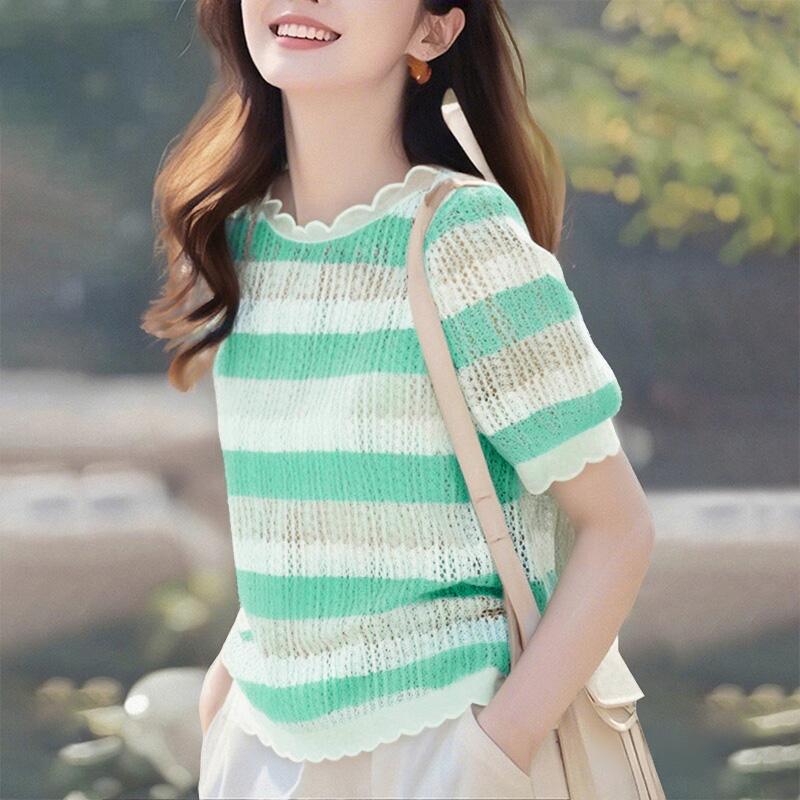 

ZANZEA Женская повседневная летняя блузка с коротким рукавом, в полоску, с ажурным узором, накидка 5XL зелёный