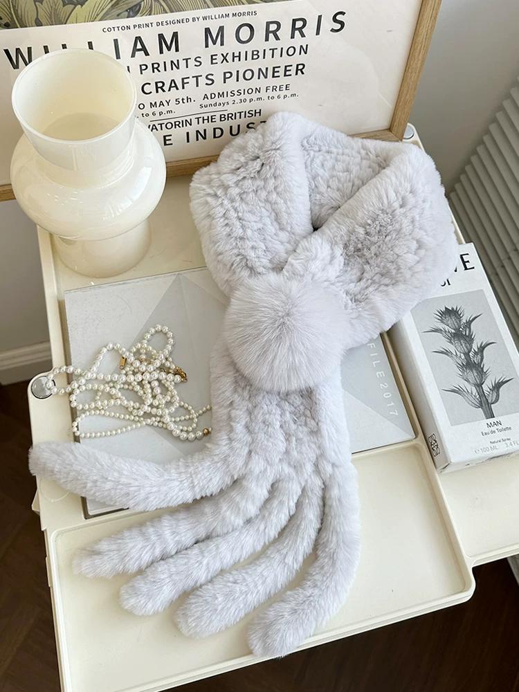 Rex Rabbit Fur Scarf Women's Winter New Tassel Ball Double-sided Warm Scarf Real Fur Collar
