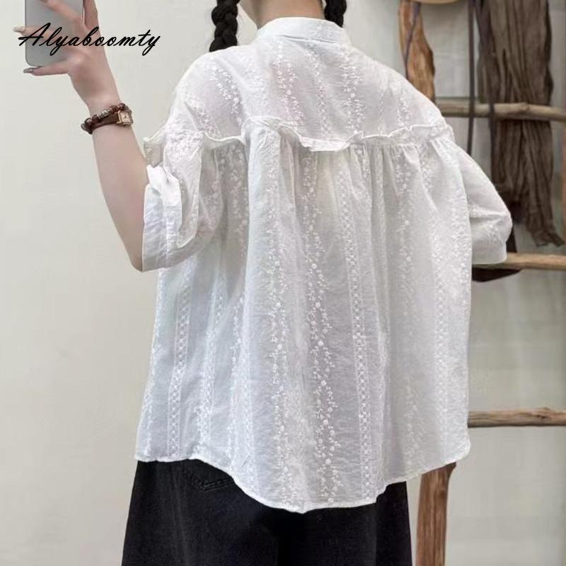 Korean Style Summer Women Oversized Blouse Stand Collar Cotton Embroidery White Shirt Half Sleeve Baggy Casual Loose Ladies' Shirt