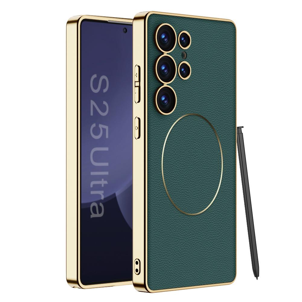 Samsung S25 Ultra Mobile Phone Case S24u Electroplating Plain Leather S23ultra Wireless Charging Anti Fall Protection Case