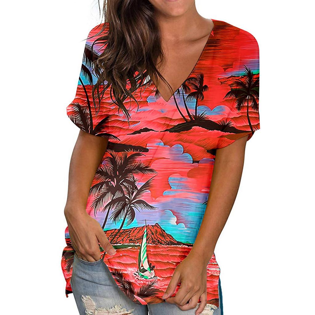 Summer V-neck 3D Coconut Tree Flowers Printed Top Fashionable Casual Short Sleeved Women's T-shirts