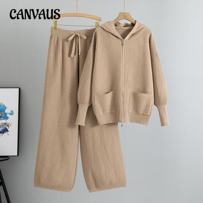 Women s Plus Size Spring New Zippered Hooded Knit Sweater Plaid Home Suit Two Piece Set one size
