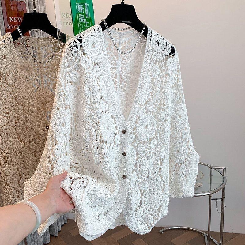 Bohemian Women's Crochet Hollow-out Knitted Cardigan Top Loose Batwing Short-sleeve Cardigan