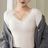 Damen Unterzieh-Tops V-Ausschnitt Spitzenbesatz Langarm Slim Fit Thermische Tops Einfarbig Gepolsterte Innenschicht Winterhemd