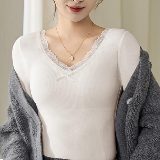 Dámské spodní topy s V-výstřihem, krajkovým lemem, dlouhým rukávem, slim fit, termální topy, jednobarevné, s vycpávkou, vnitřní vrstva, zimní košile