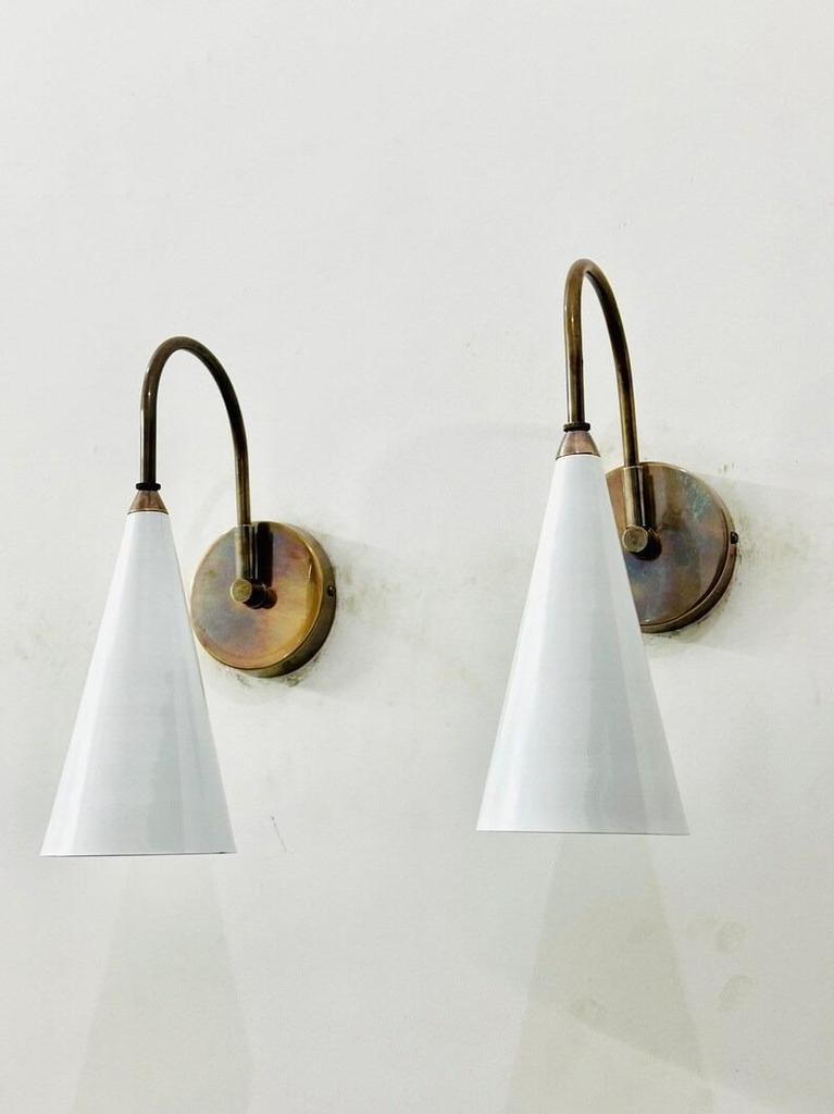 Brass Wall Sconce: Mid Century White Cone Lamp, Adjustable Diabolo Light