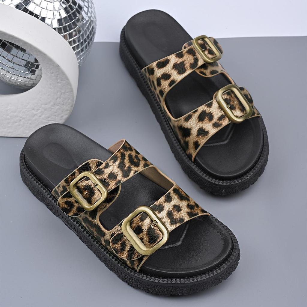Leopard Print Cross Rivet Thick-Soled Women's Slippers - Summer 2025 European American Fashion with Single Strap Buckle in Plus Sizes.